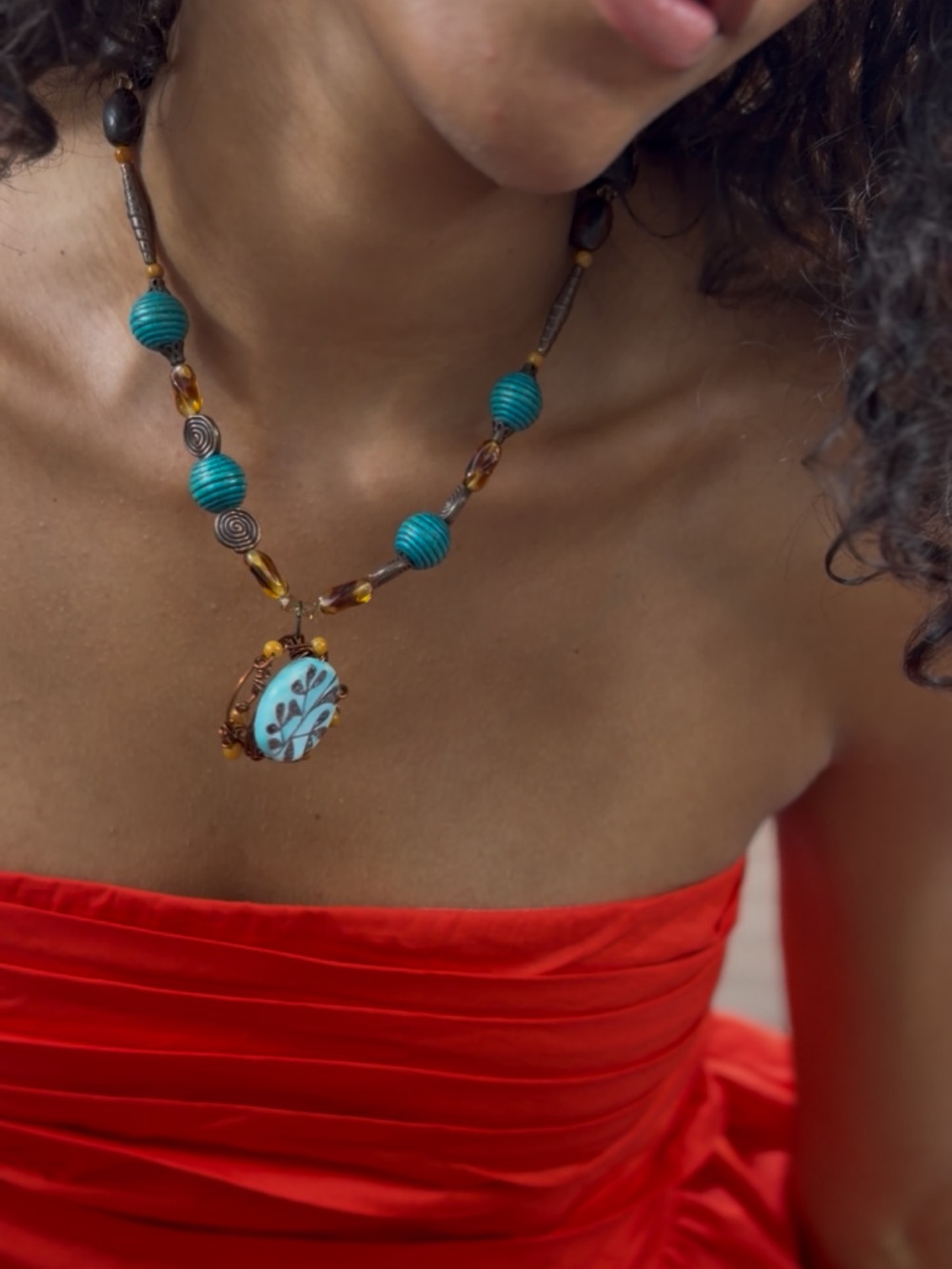 Turquoise and Amber Beaded Pendant Necklace - Women's Boho Jewelry
